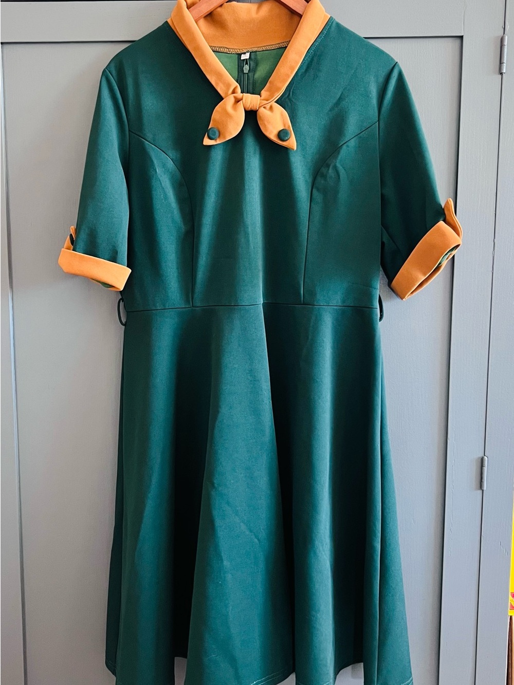 Women’s retro-style Emerald Green Dress w/ Mustard Yellow Trim